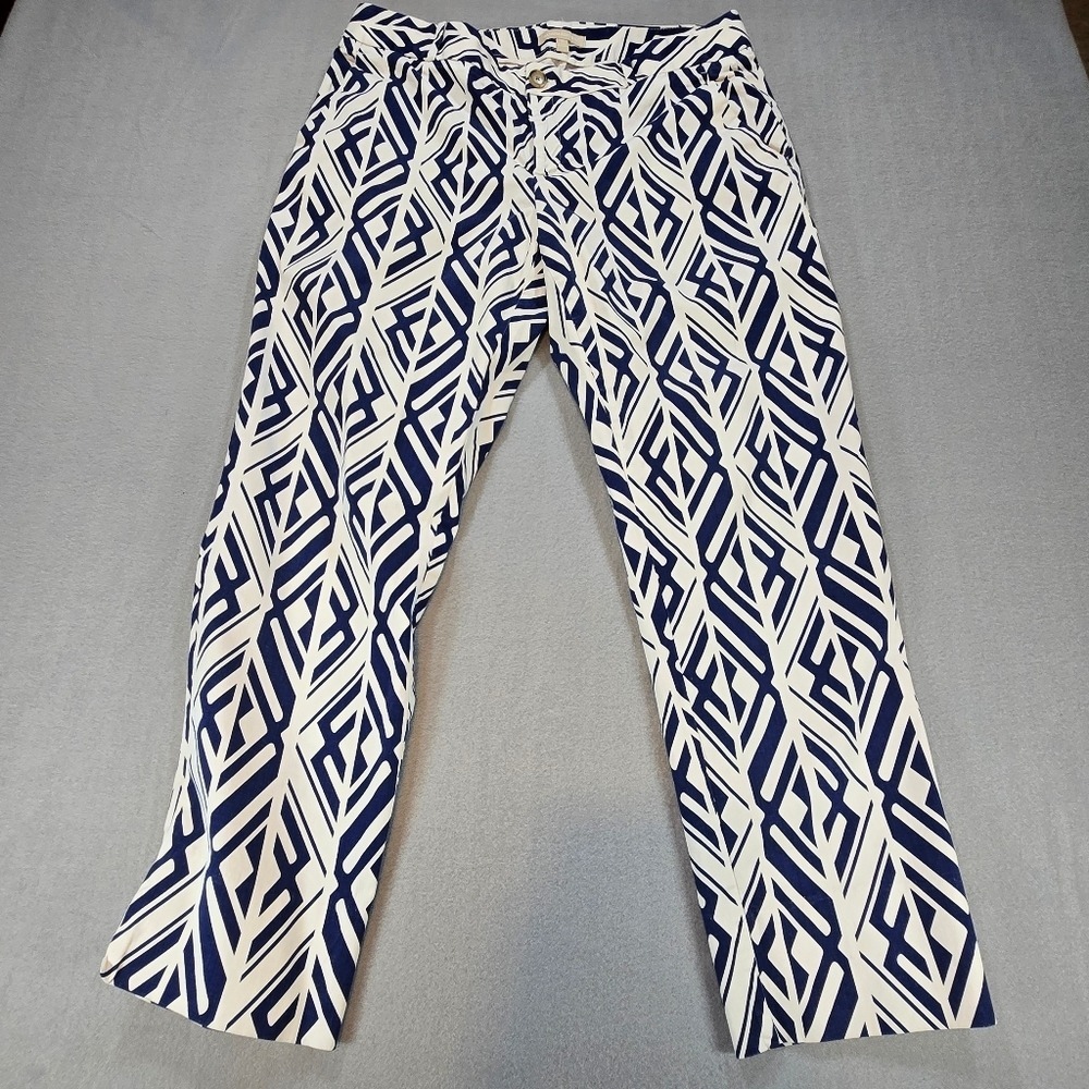 Banana Republic Sloan Pants Women 14 Navy‎ White Geometric Print Slim Ankle